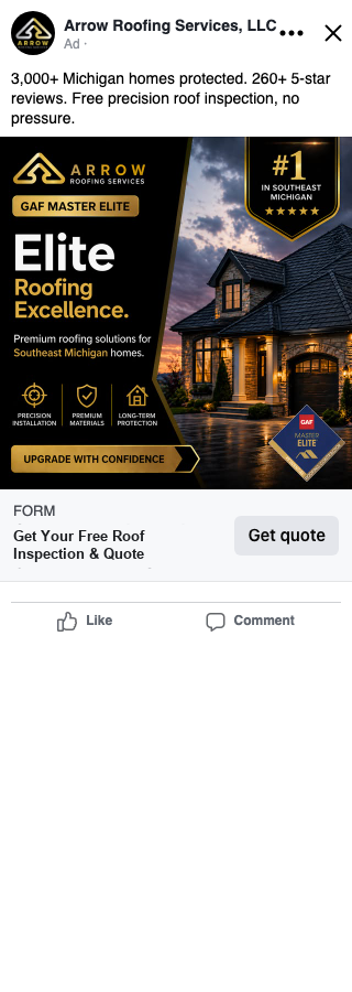 Arrow Roofing Services Facebook feed ad preview with Get Quote call to action.